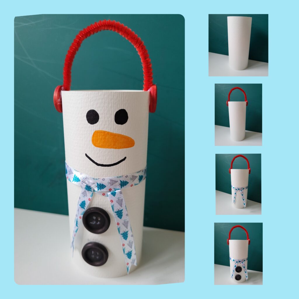 Step by step guide on how to make snowman in a scarf.
