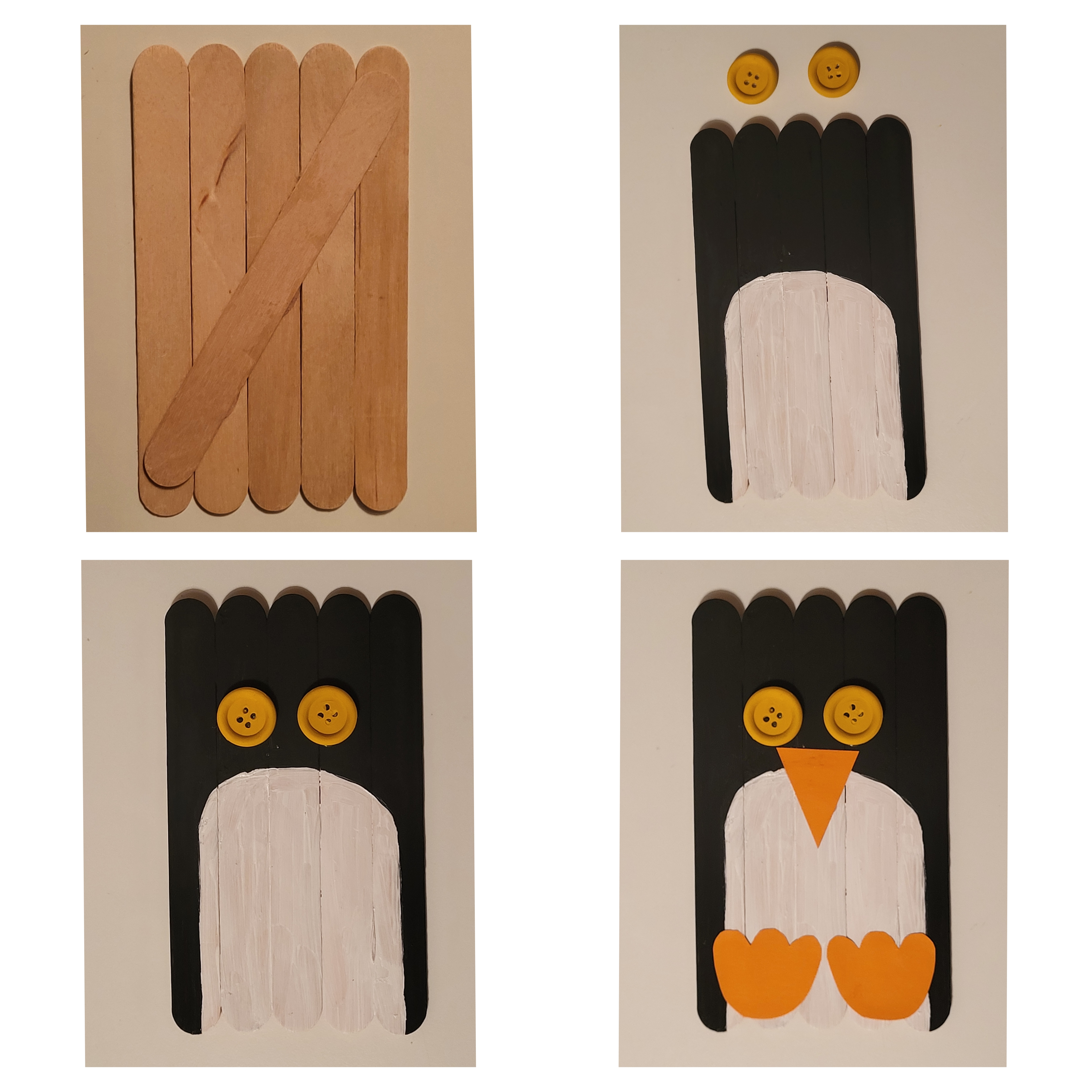 Popsicle penguin from popsicle stick, painted with black and white paint