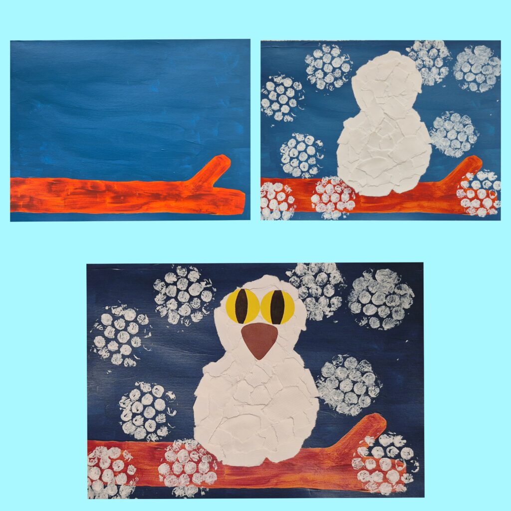 HOW TO MAKE AN WINTER OWL WITH PAINT AND COLLAGE